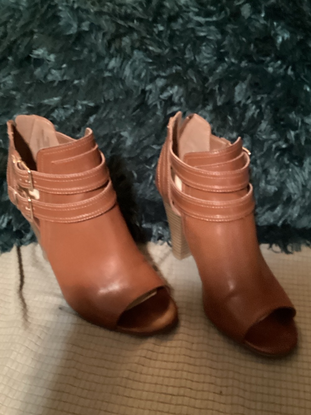 Liz Claiborne Brown Open-Toe Stacked Heel Ankle Booties with Wrap Straps